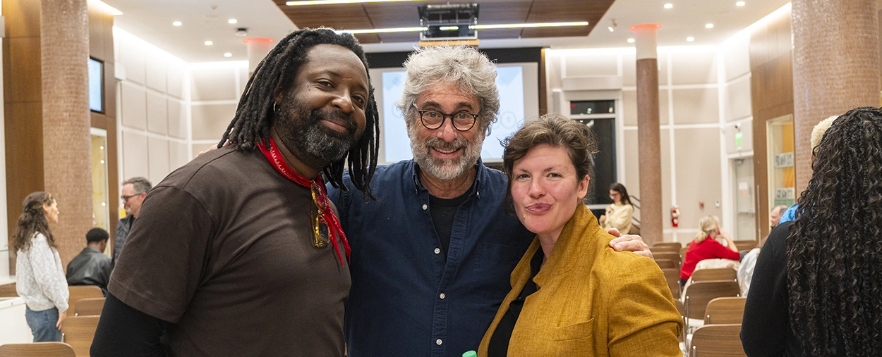National Book Award finalist Marlon James, left, with Books & Books founder Mitchell Kaplan and A.J. Bermudez, a visiting assistant professor in the Department of English and Creative Writing. Photo: Julia Campbell/University of Miami